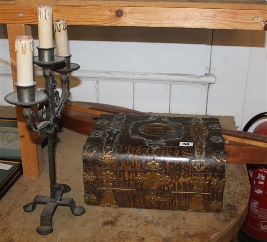 Brass bound box, musical instrument & candelabrum